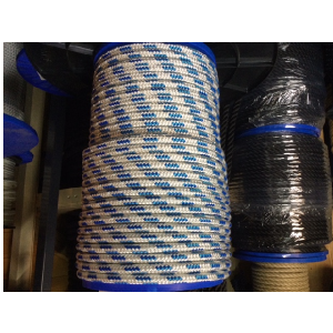 Polyester gevlochten Wit touw 10 MM met blauwe merkdraad rol 25 meter