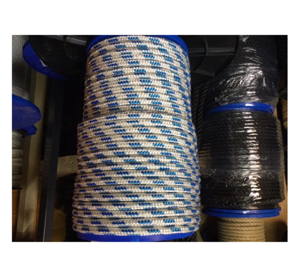 Polyester gevlochten Wit touw 10 MM met blauwe merkdraad rol 47 meter